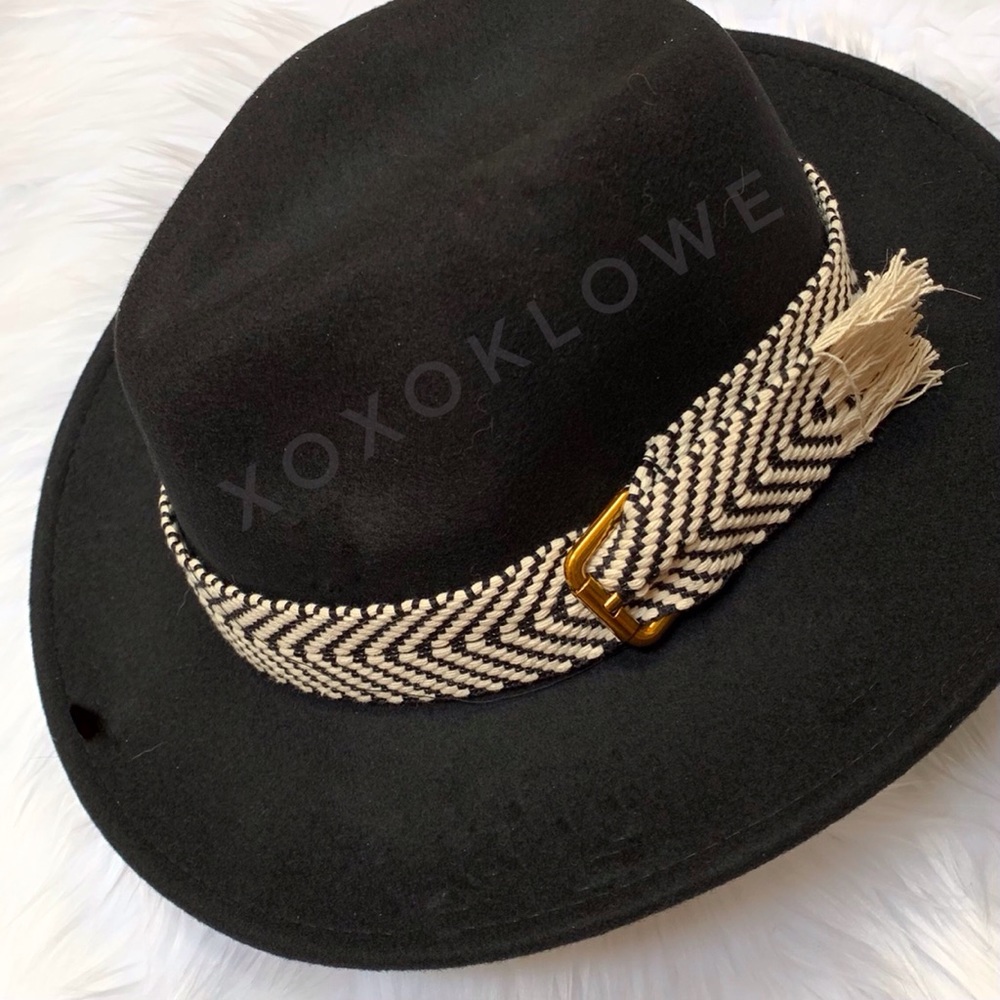 1 LEFT Black Wool Chevron Buckle Strap Wide Brim Hat - Picture 6 of 14